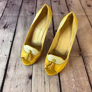 J. Crew Yellow Leather and Canvas Spectator Peep Toe-Pumps Tassel Detail Size6.5